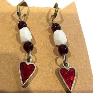 Vintage Red Heart Dangle Earrings With White & Burgundy Beads